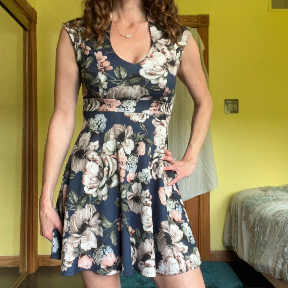 Navy Floral Dress, Small, A-Line
